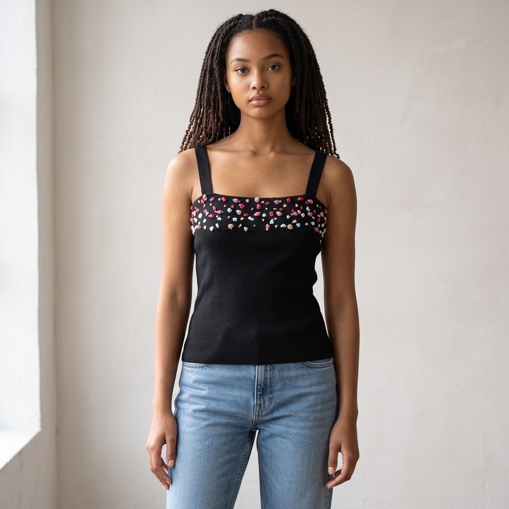 Belldini Black Knit Tank Top Ribbon Rosette Floral Lace Square Neck Size L